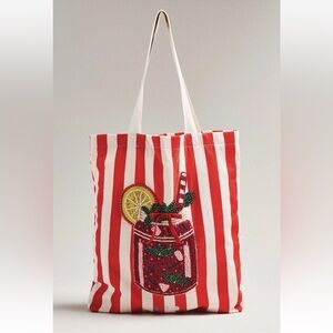 Anthropologie Printed Beaded Canvas Bloody Mary Tote Bag Resort Vacation NWT